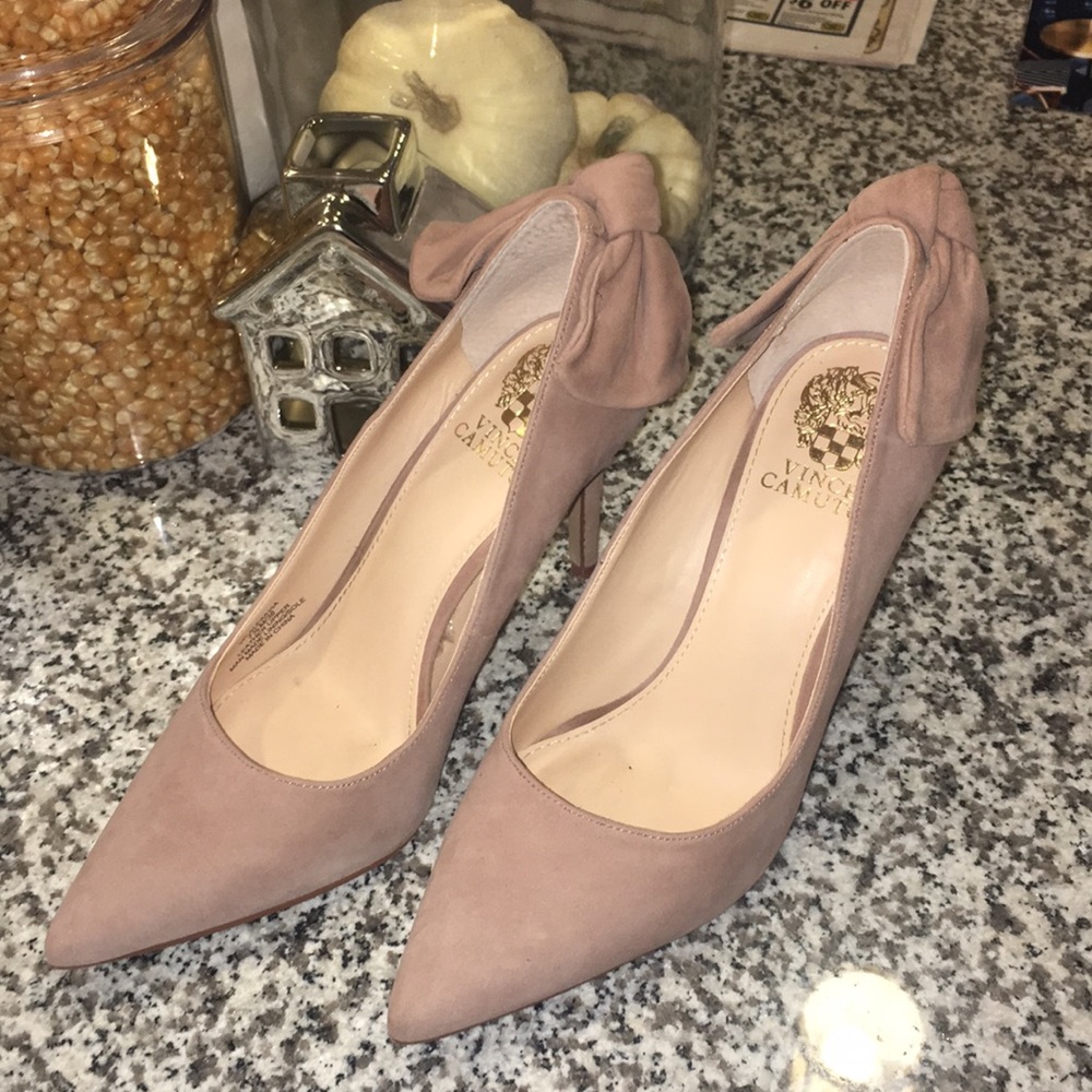Taupe suede bow back heels